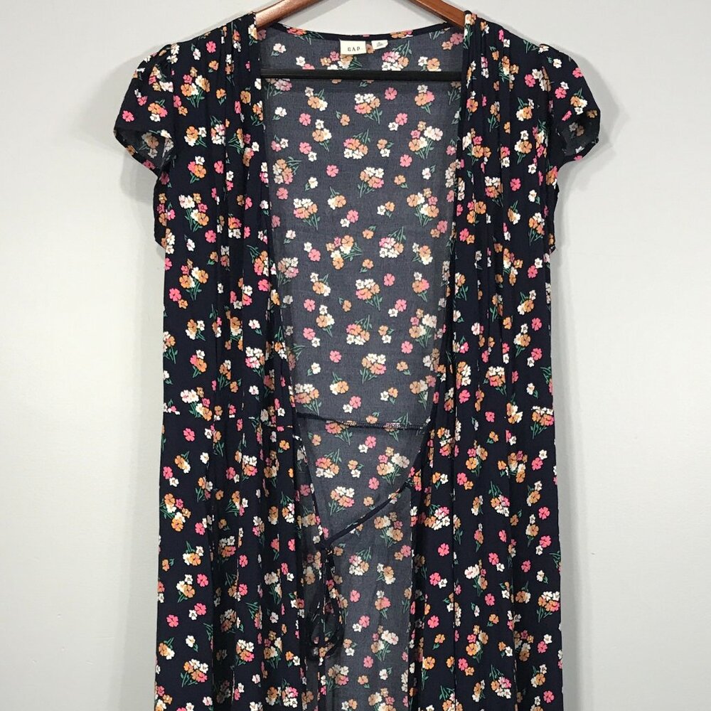 Gap Wrap Dress Women's Medium Tall Blue Floral Open V-Neck Cap Short Sleeve Tie
